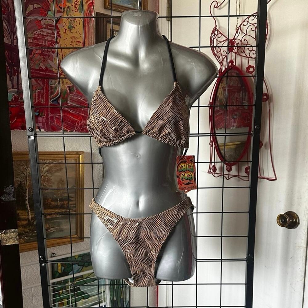 chica rica brown faux snake skin bikini swimsuit set